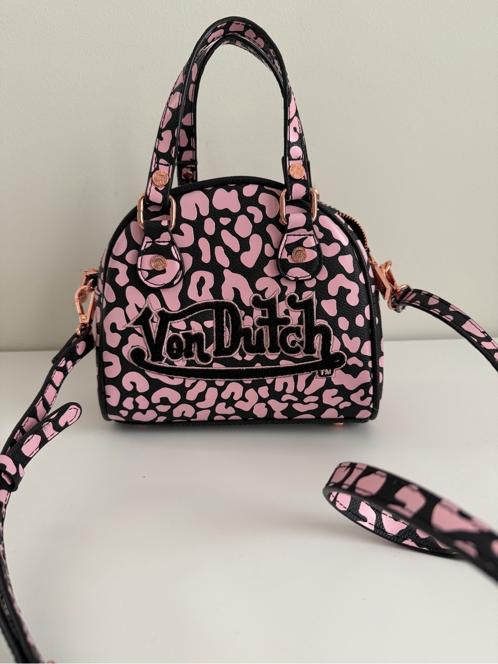 Von Dutch Pink Leopard Print Mini Satchel with Rose Gold Accents